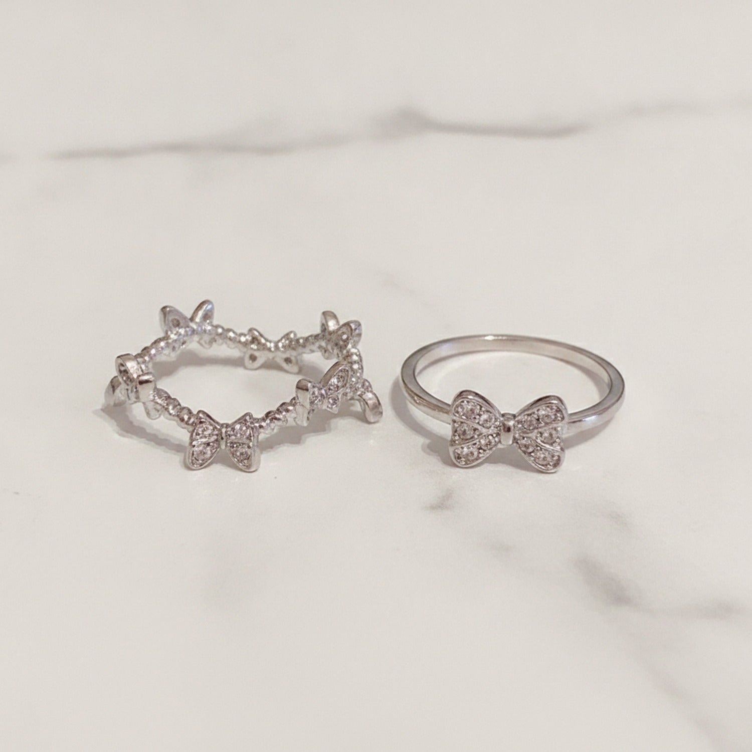 Butterfly Charm Rhinestone Silver Ring Set