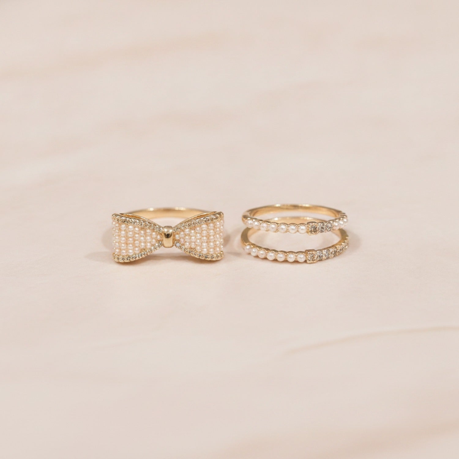 Pearl Beaded Bow Ring Set Gold