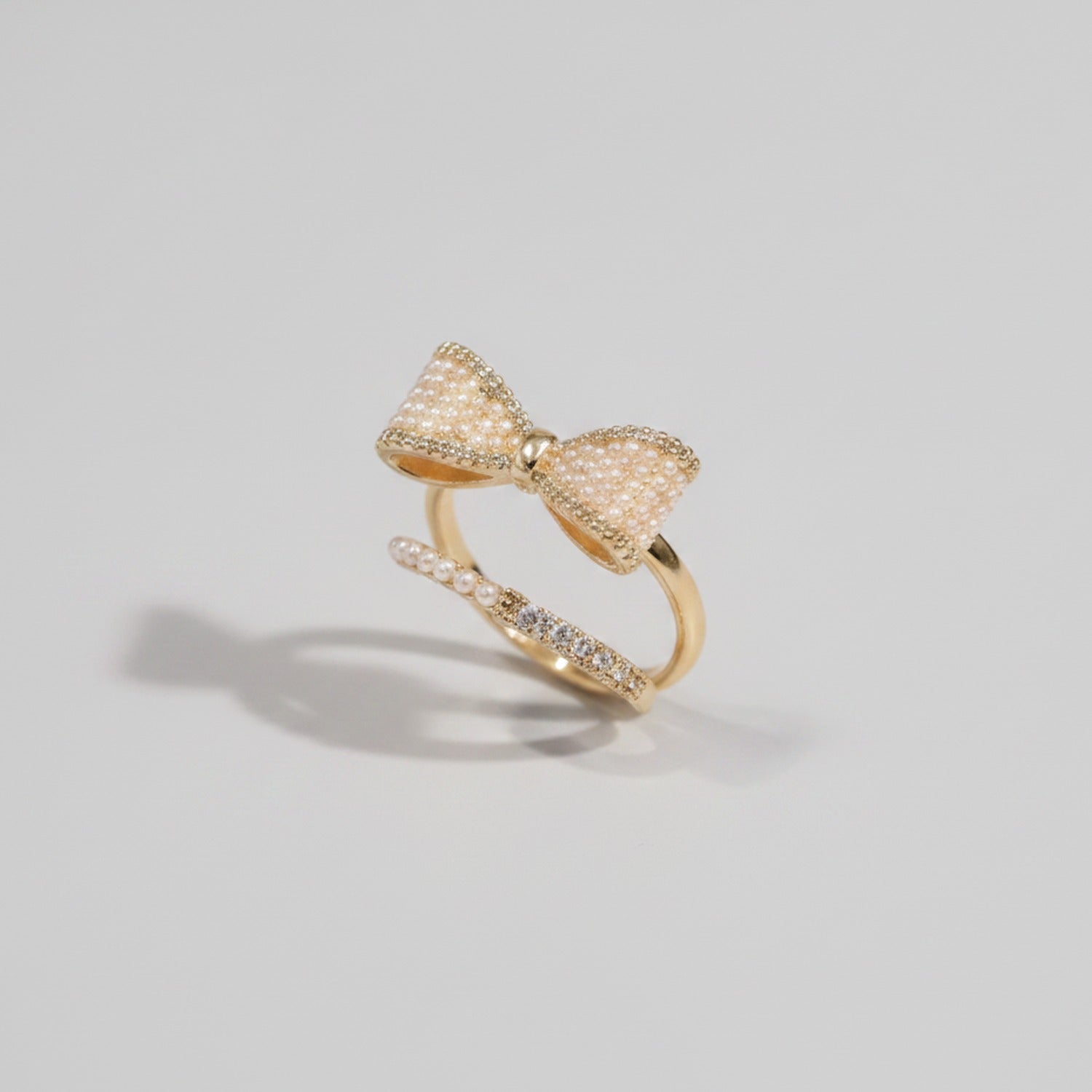 Pearl Beaded Bow Ring Set Gold