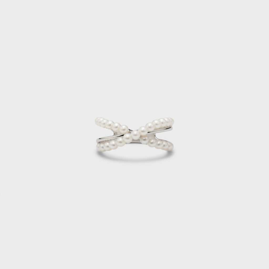Pearl Bow Ring Silver Statement Set
