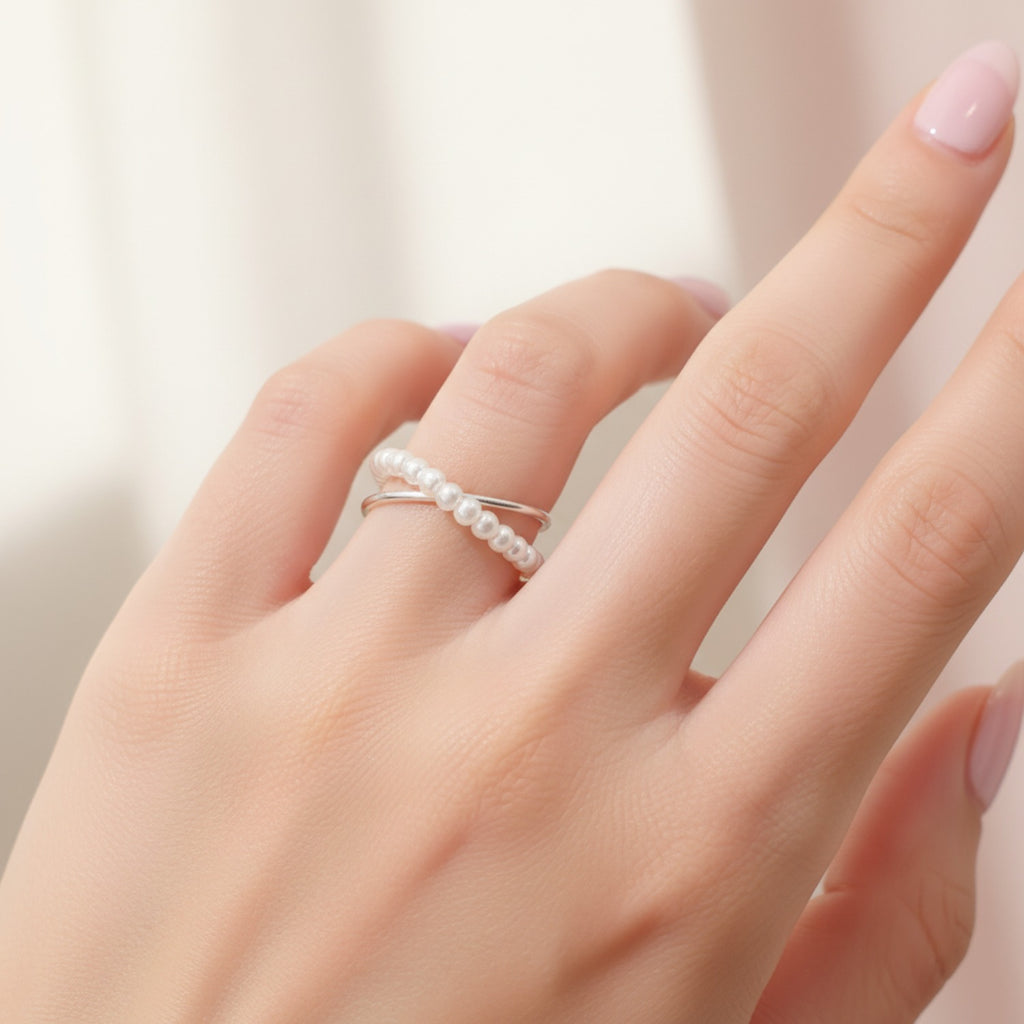 Pearl Bow Ring Silver Statement Set