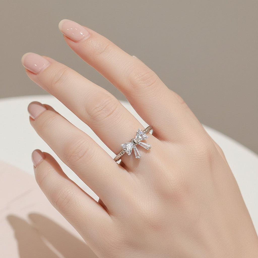 Silver Bow Ring With Cubic Zirconia Stones