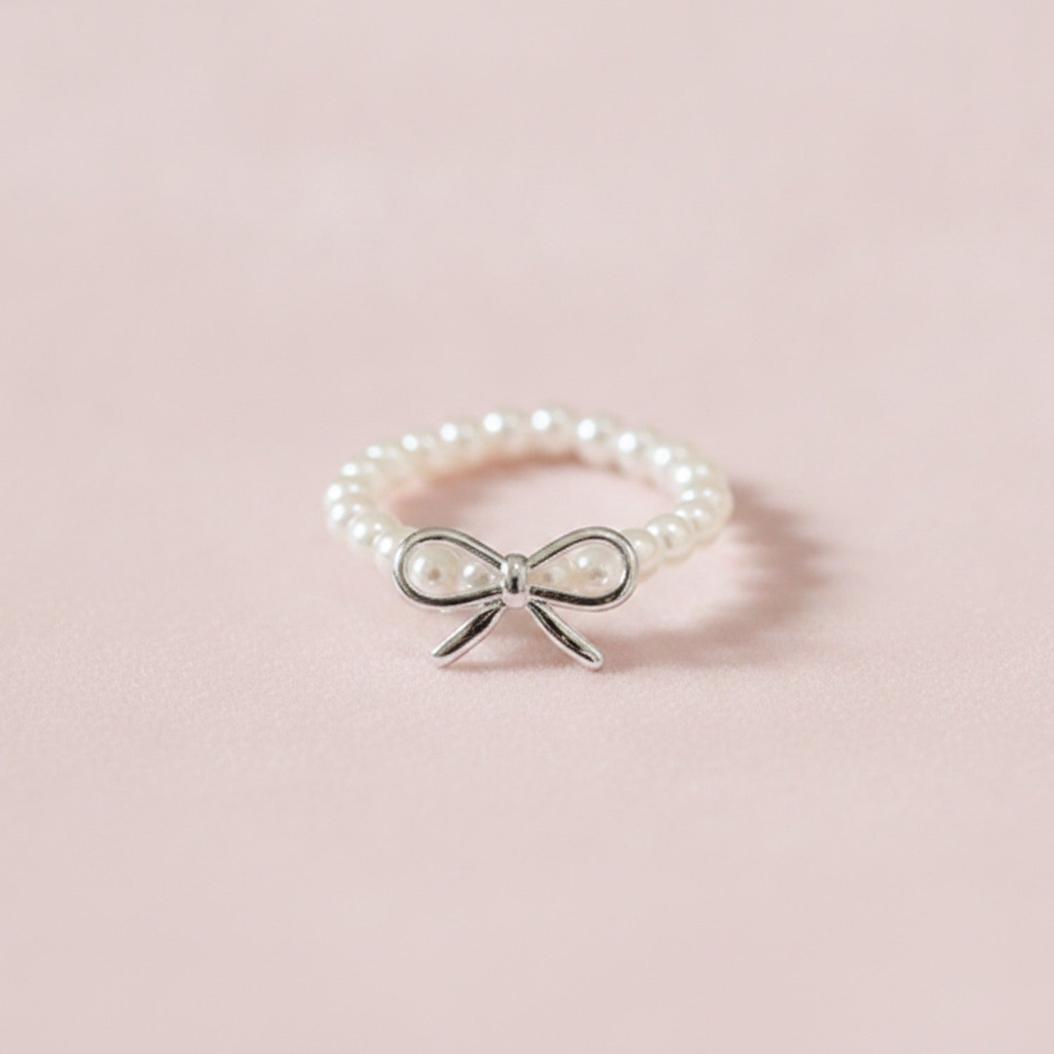 Pearl Beaded Ring With Silver Bow Charm