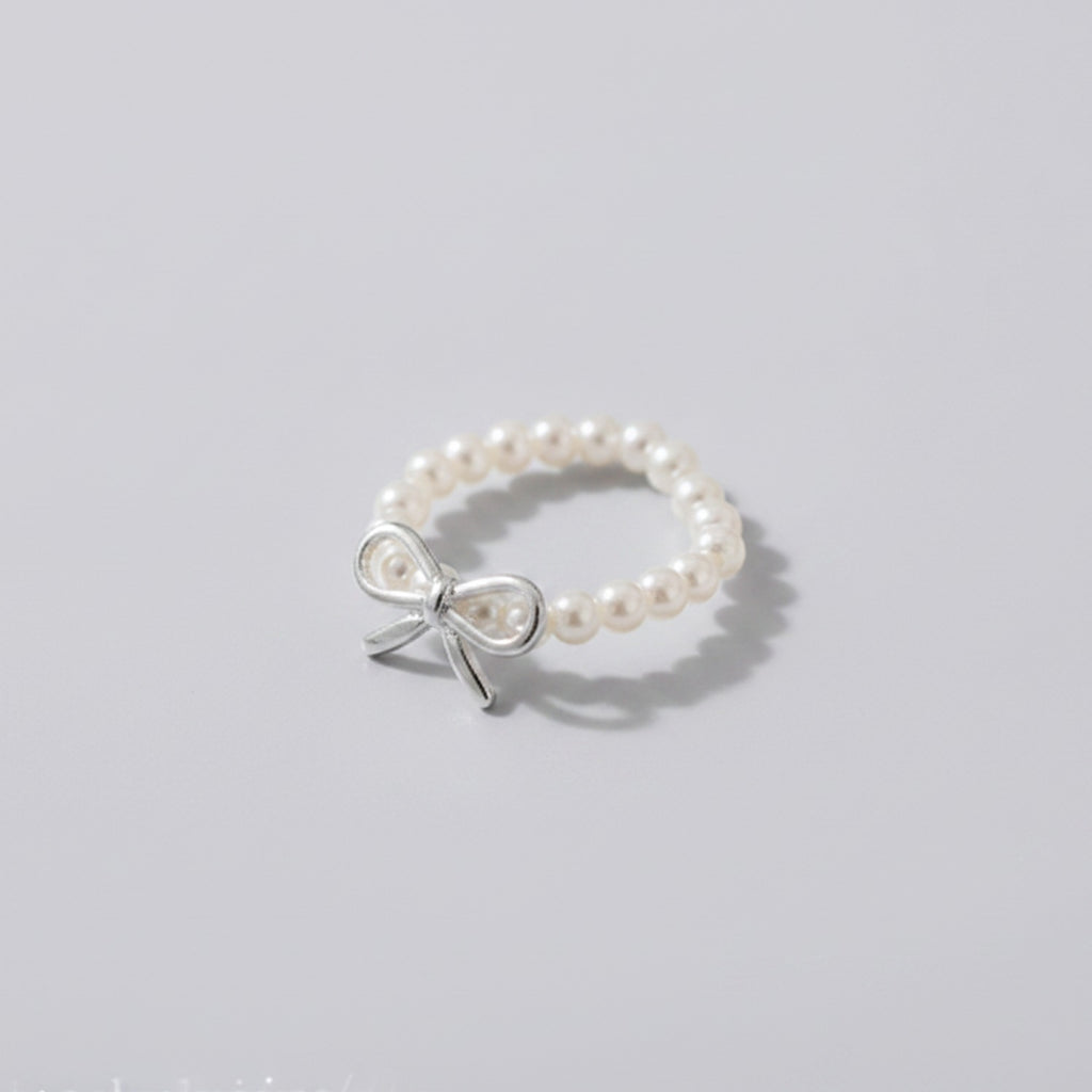Pearl Beaded Ring With Silver Bow Charm – jewelry (view 1)