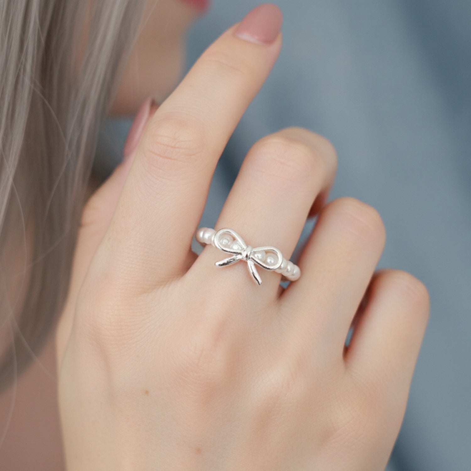 Pearl Beaded Ring With Silver Bow Charm
