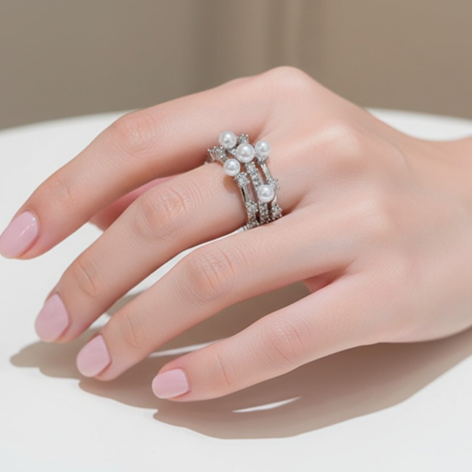Pearl and Rhinestone Silver Band Ring