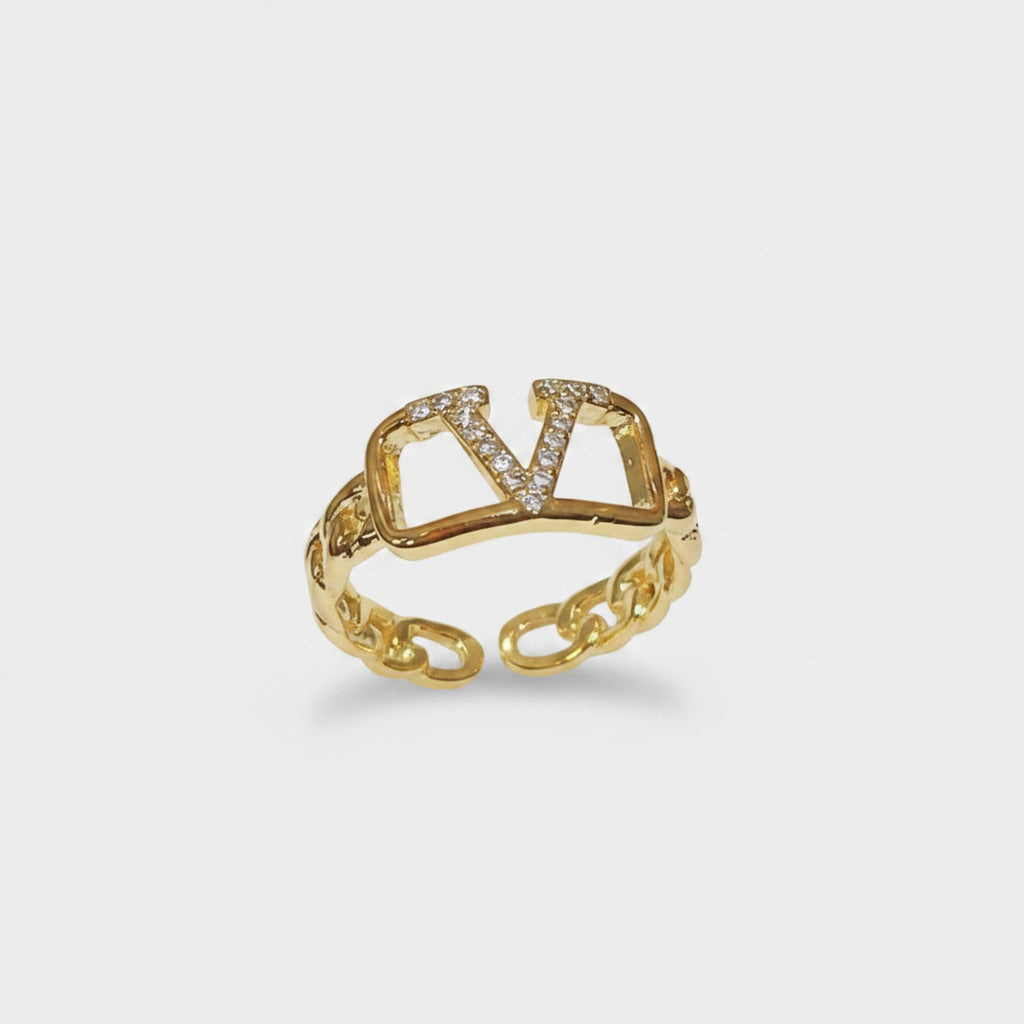 Gold Rhinestone V Statement Ring Set