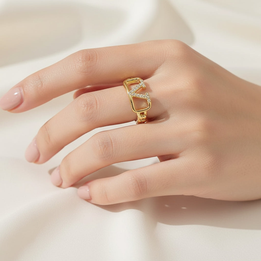 Gold Rhinestone V Statement Ring Set