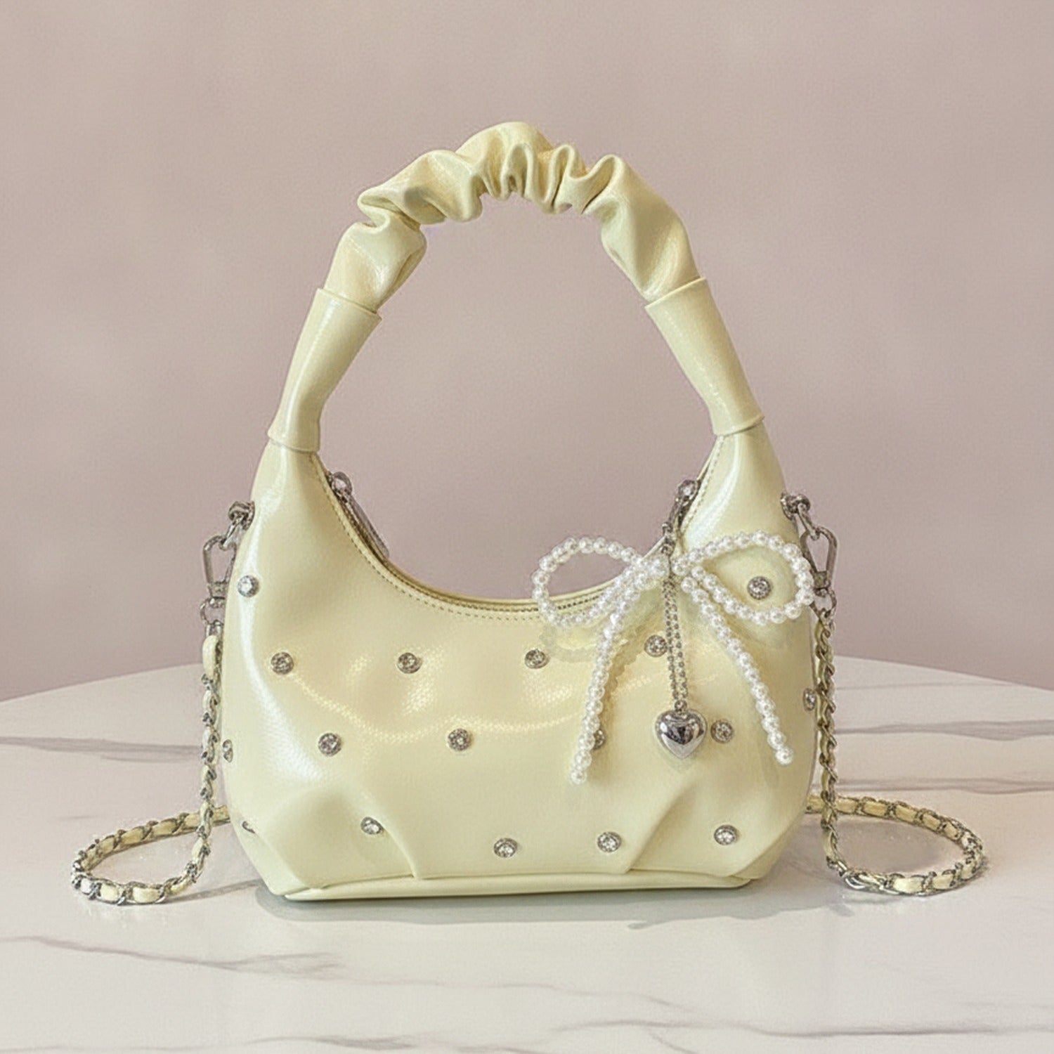 Cream Patent Hobo Bag With Pearl Drape Charms