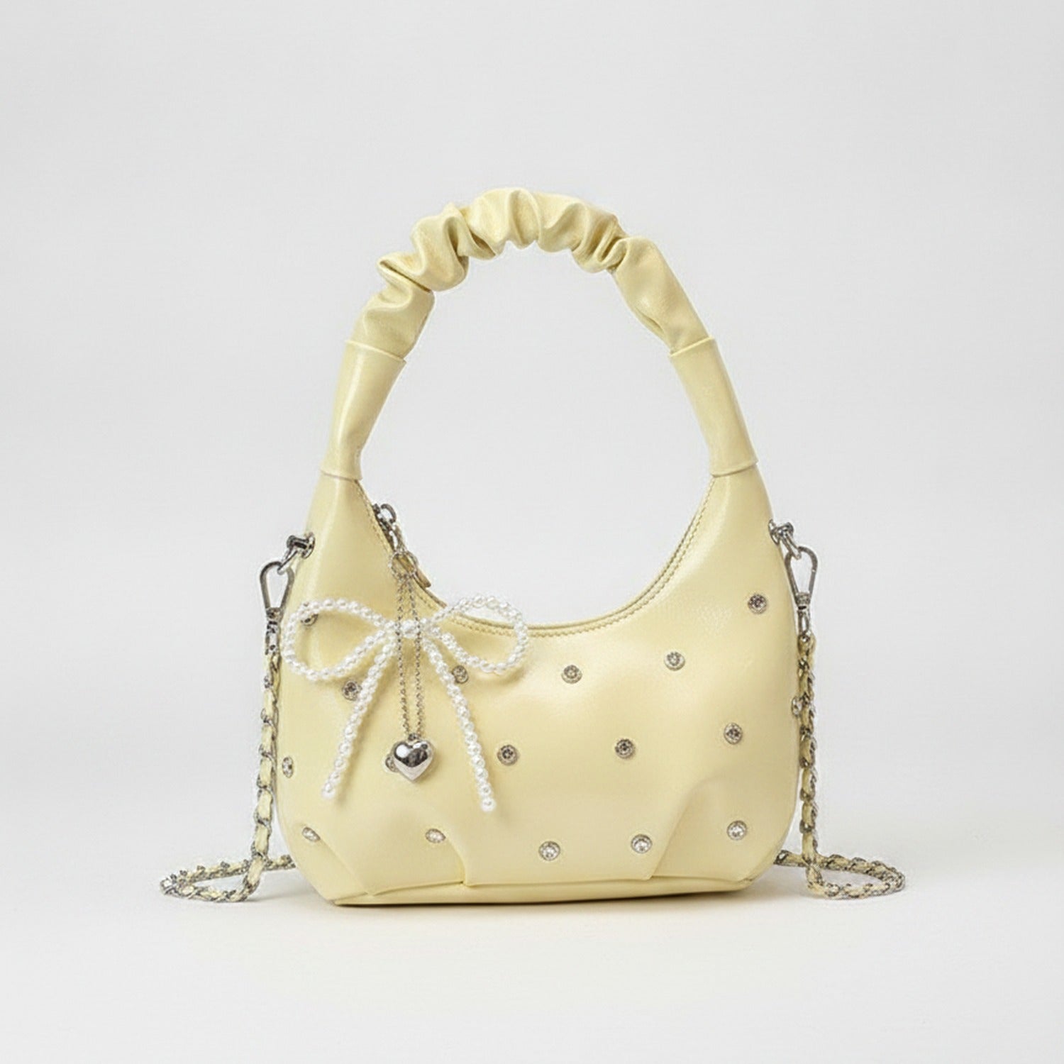 Cream Patent Hobo Bag With Pearl Drape Charms