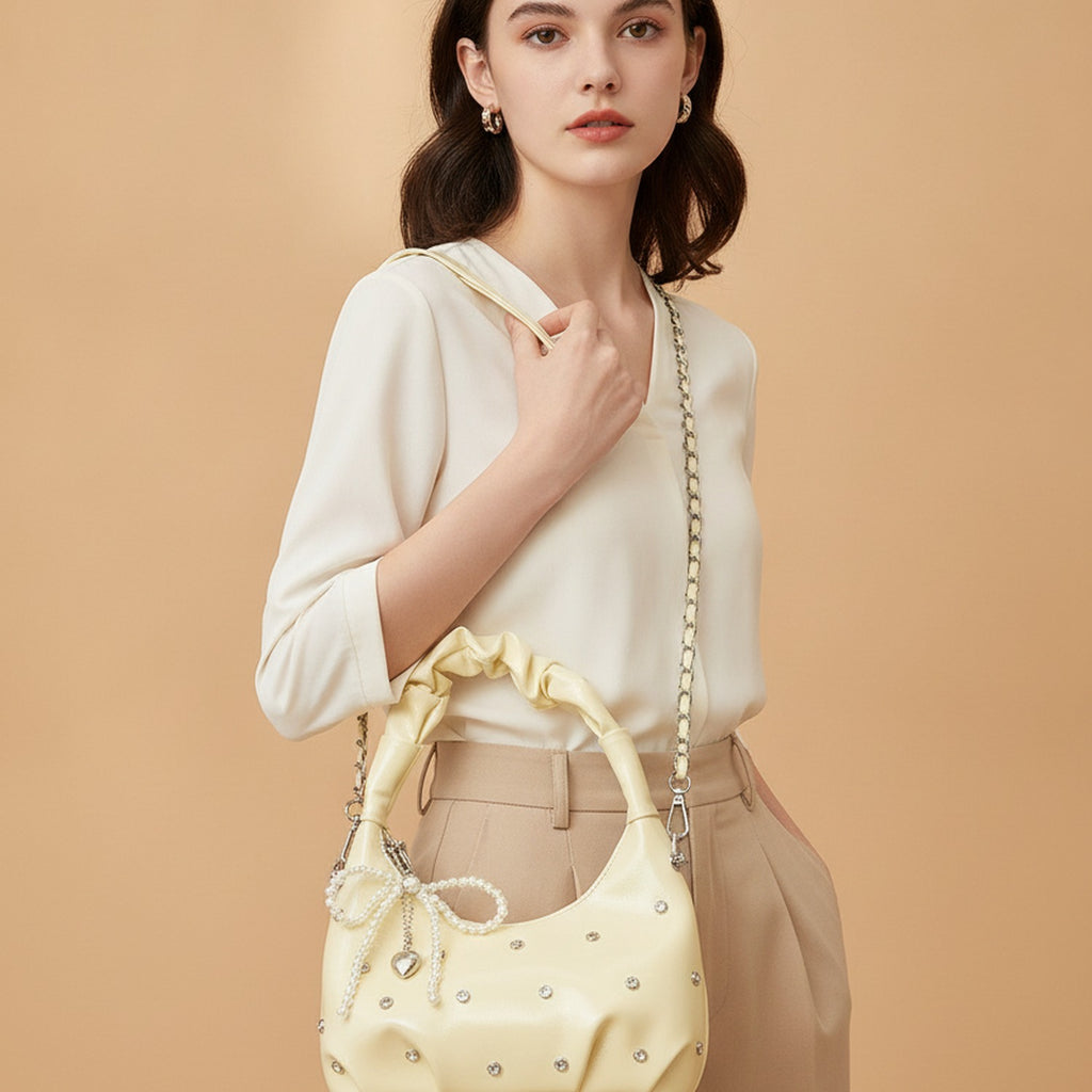 Cream Patent Hobo Bag With Pearl Drape Charms – bags & wallets (view 3)