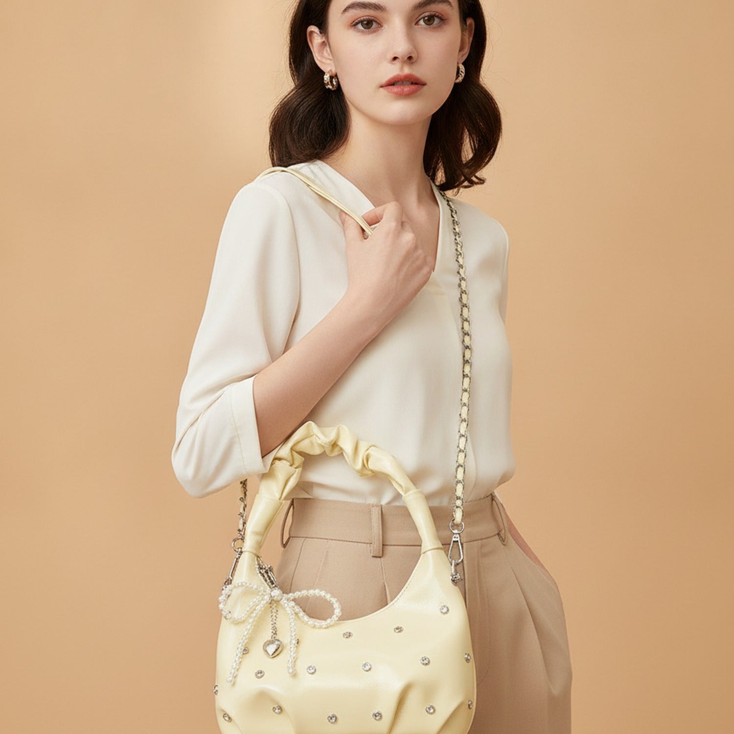 Cream Patent Hobo Bag With Pearl Drape Charms