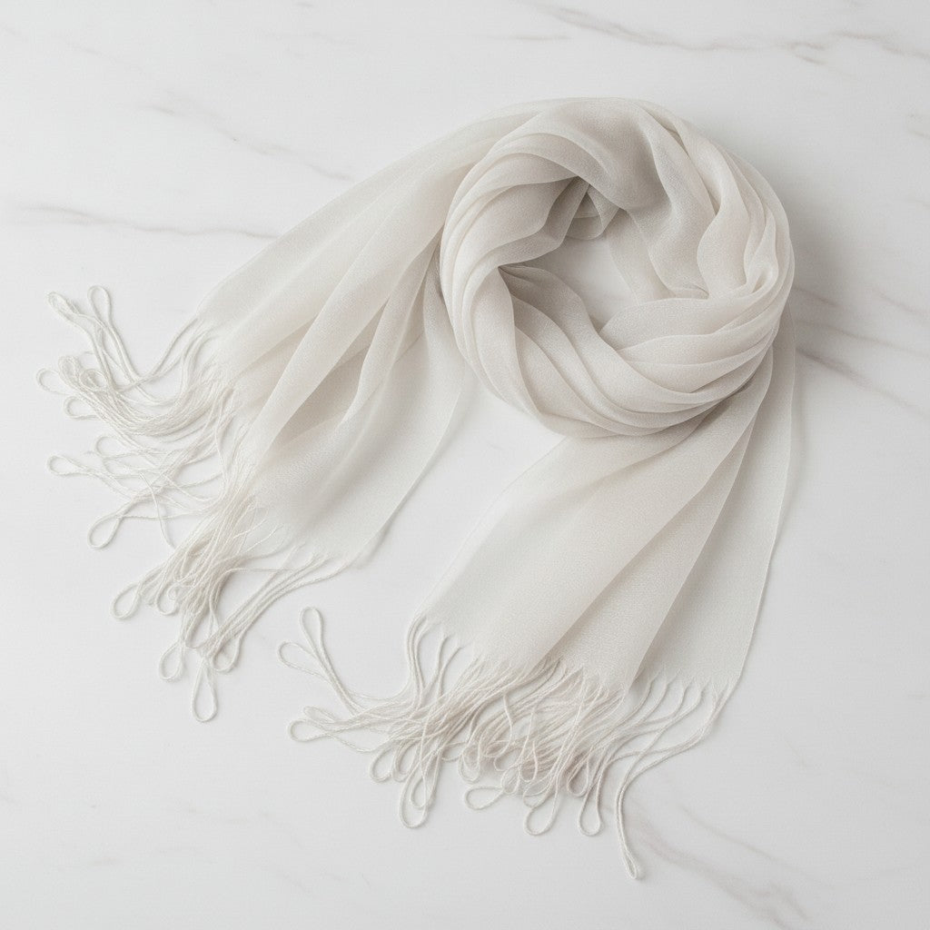Sheer Ivory Wrap Scarf with Fringe