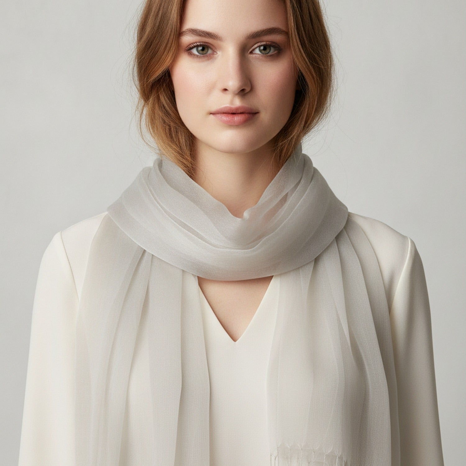 Sheer Ivory Wrap Scarf with Fringe