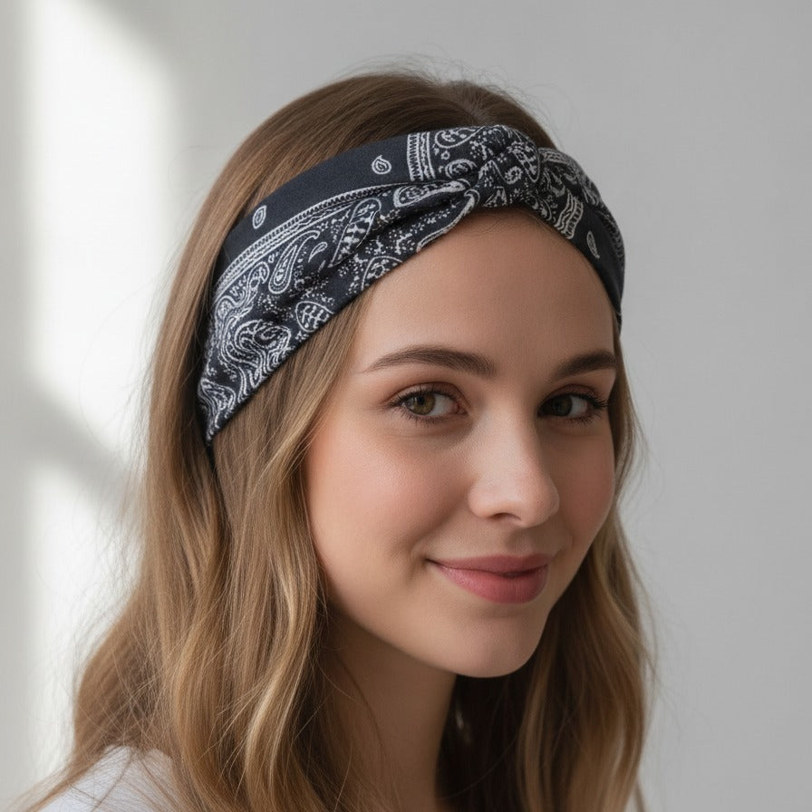 Bandana Paisley Print Hair Wrap Headband - Black – hair accessories (view 3)