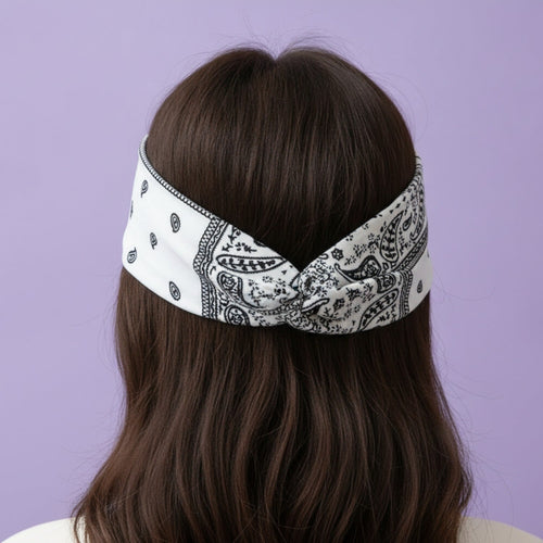 Bandana Paisley Print Hair Wrap Headband - White