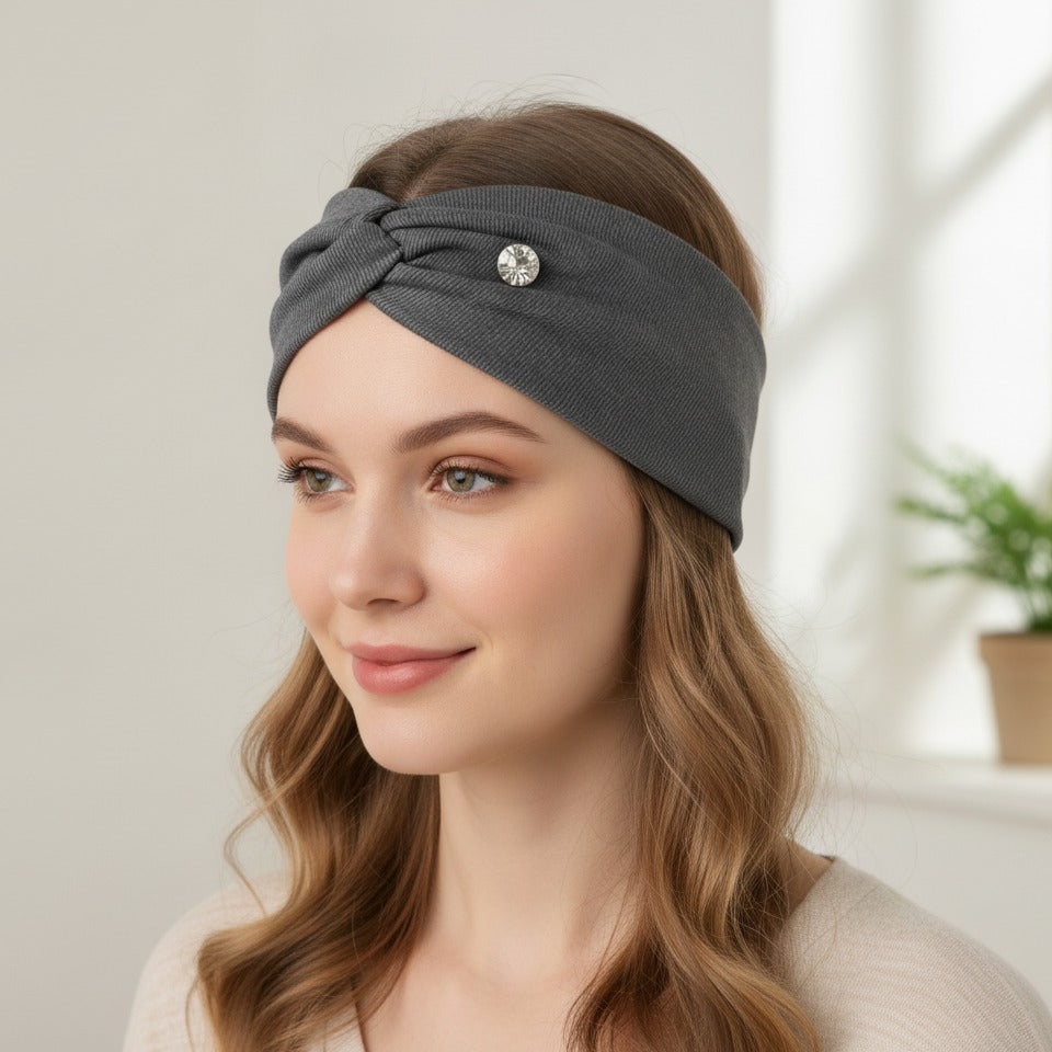 Ribbed Knit Hairband With Charm - Gray – hair accessories (view 3)