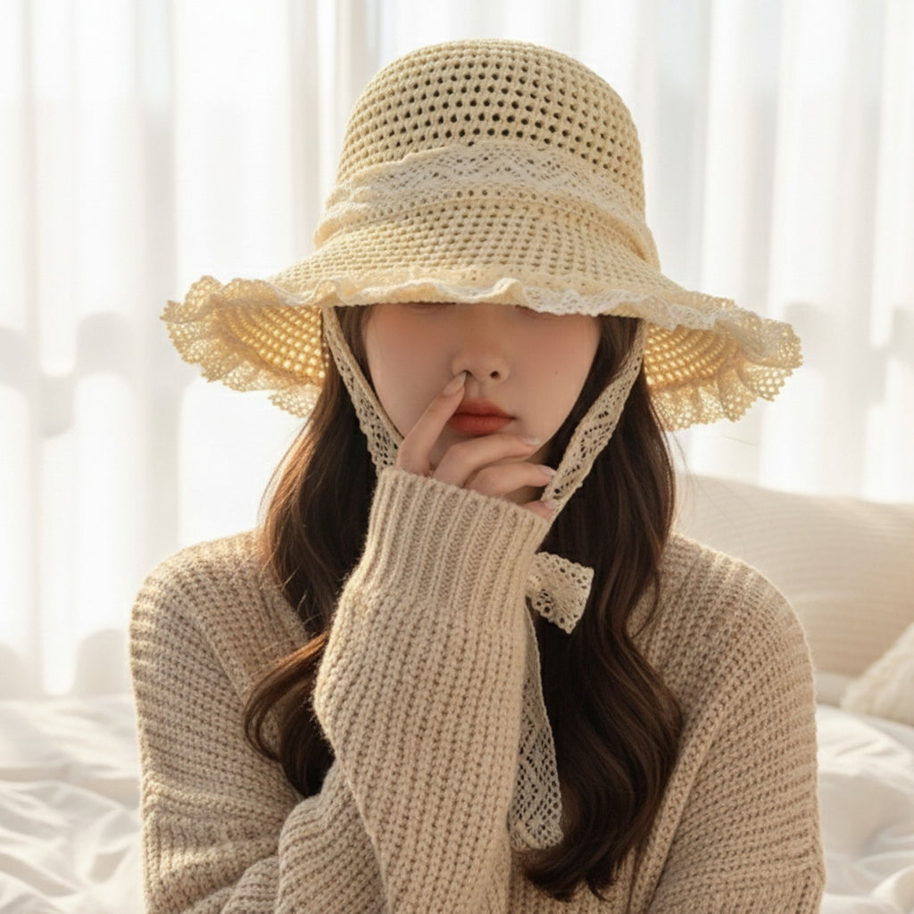 Cream Crochet Bucket Hat With Lace Trim