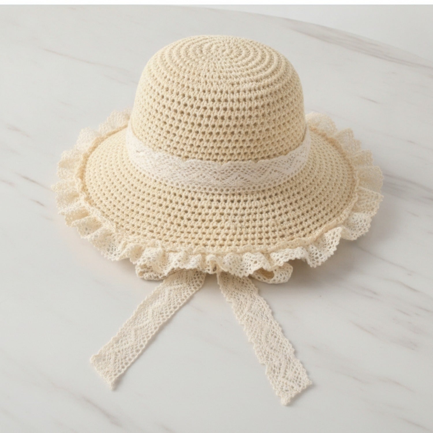 Cream Crochet Bucket Hat With Lace Trim