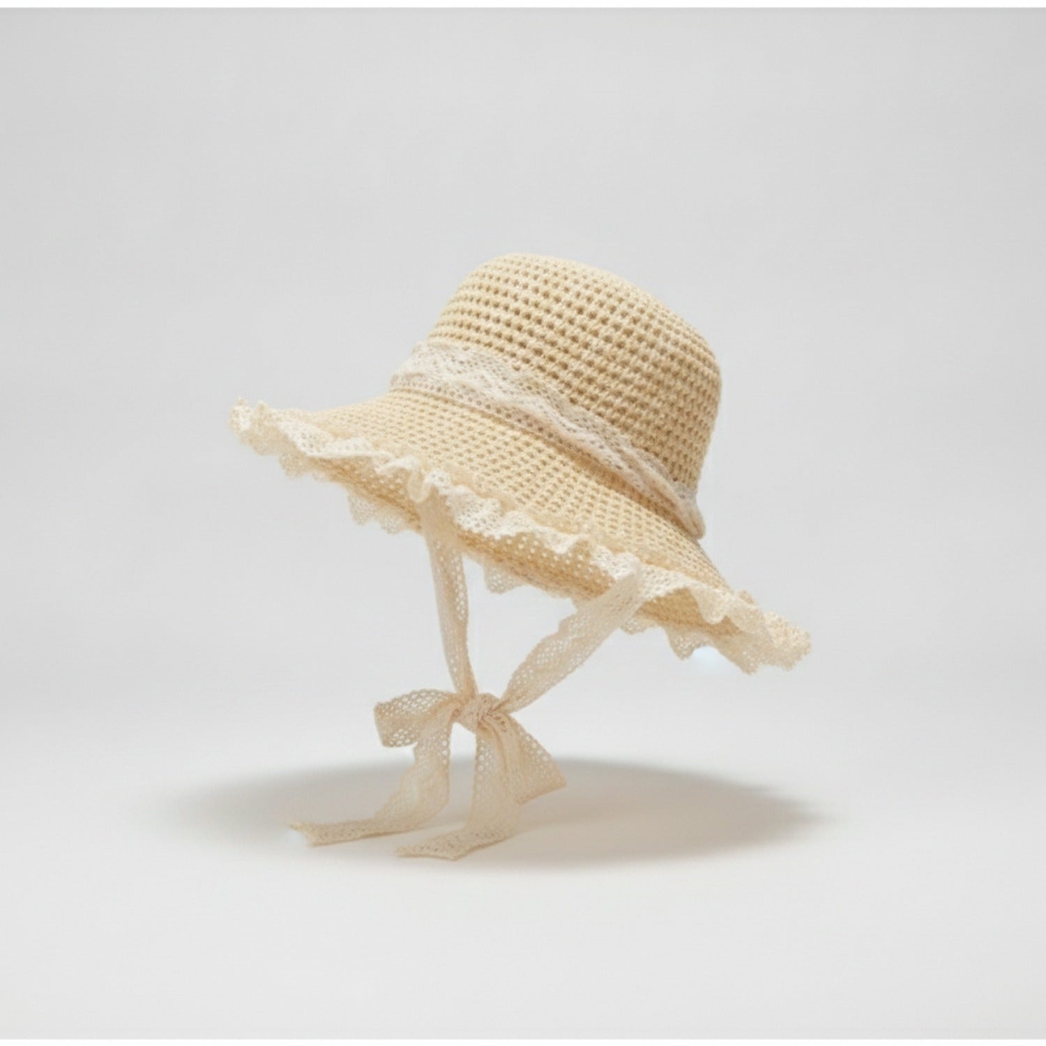 Cream Crochet Bucket Hat With Lace Trim