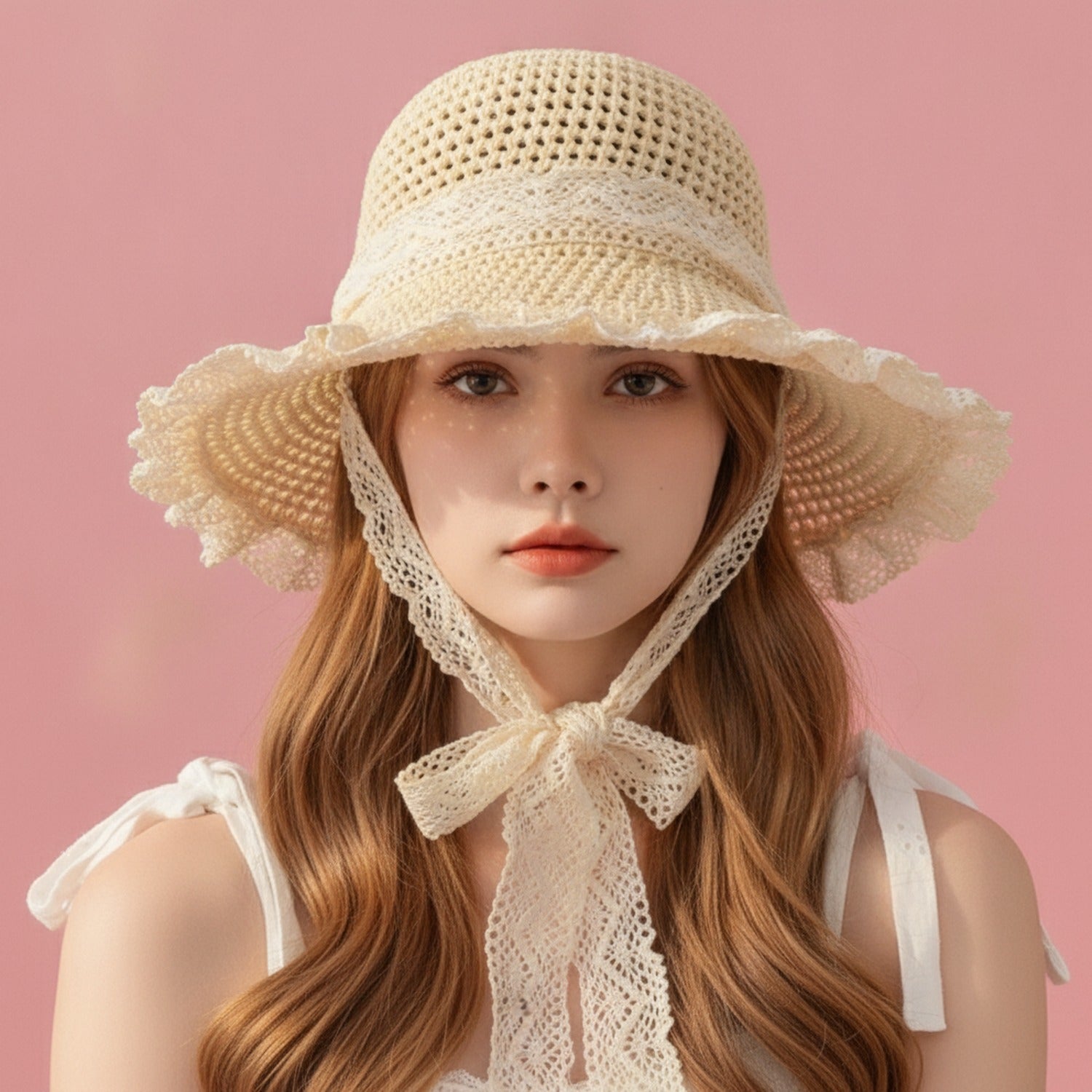 Cream Crochet Bucket Hat With Lace Trim