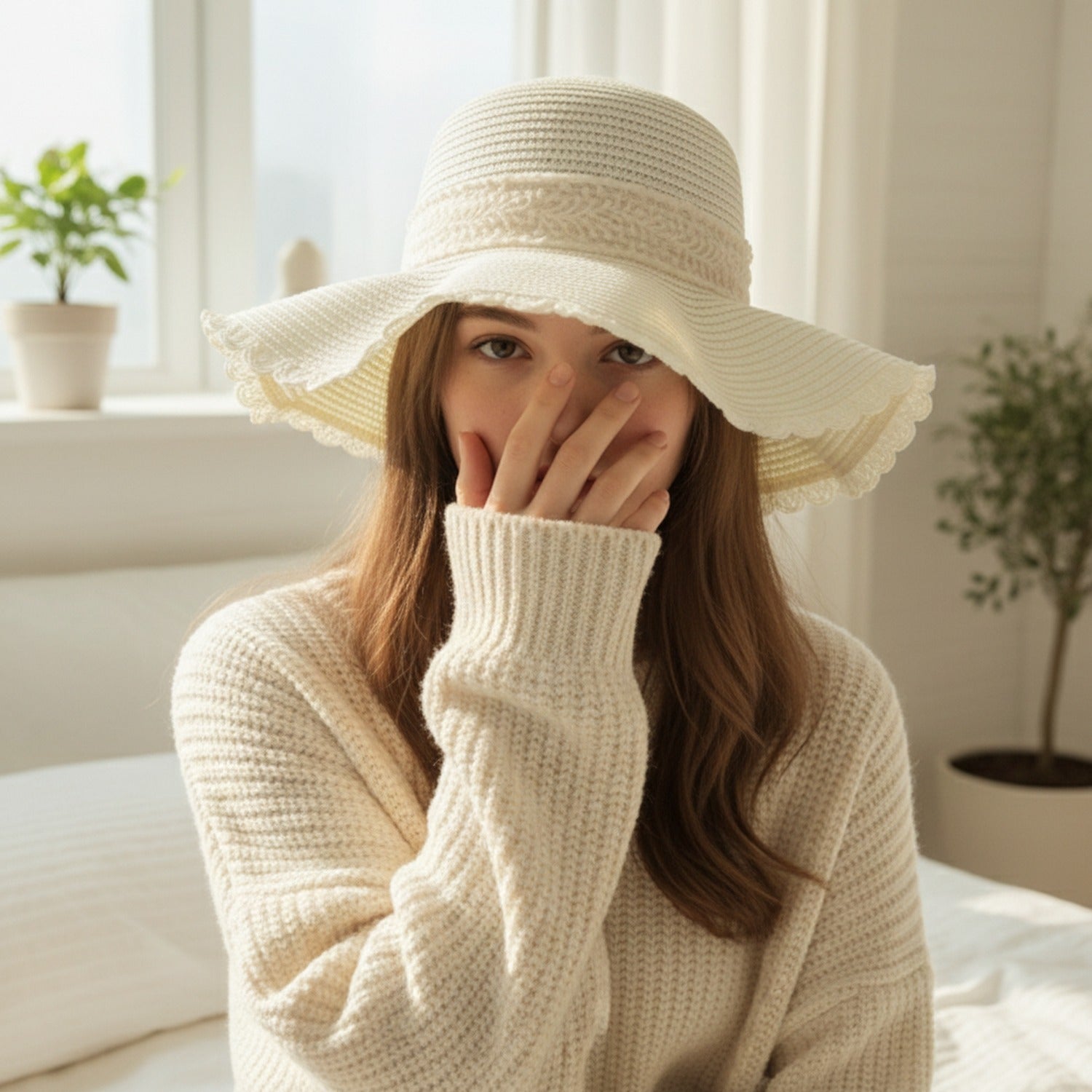 Cream Crochet Bucket Hat With Lace Bow