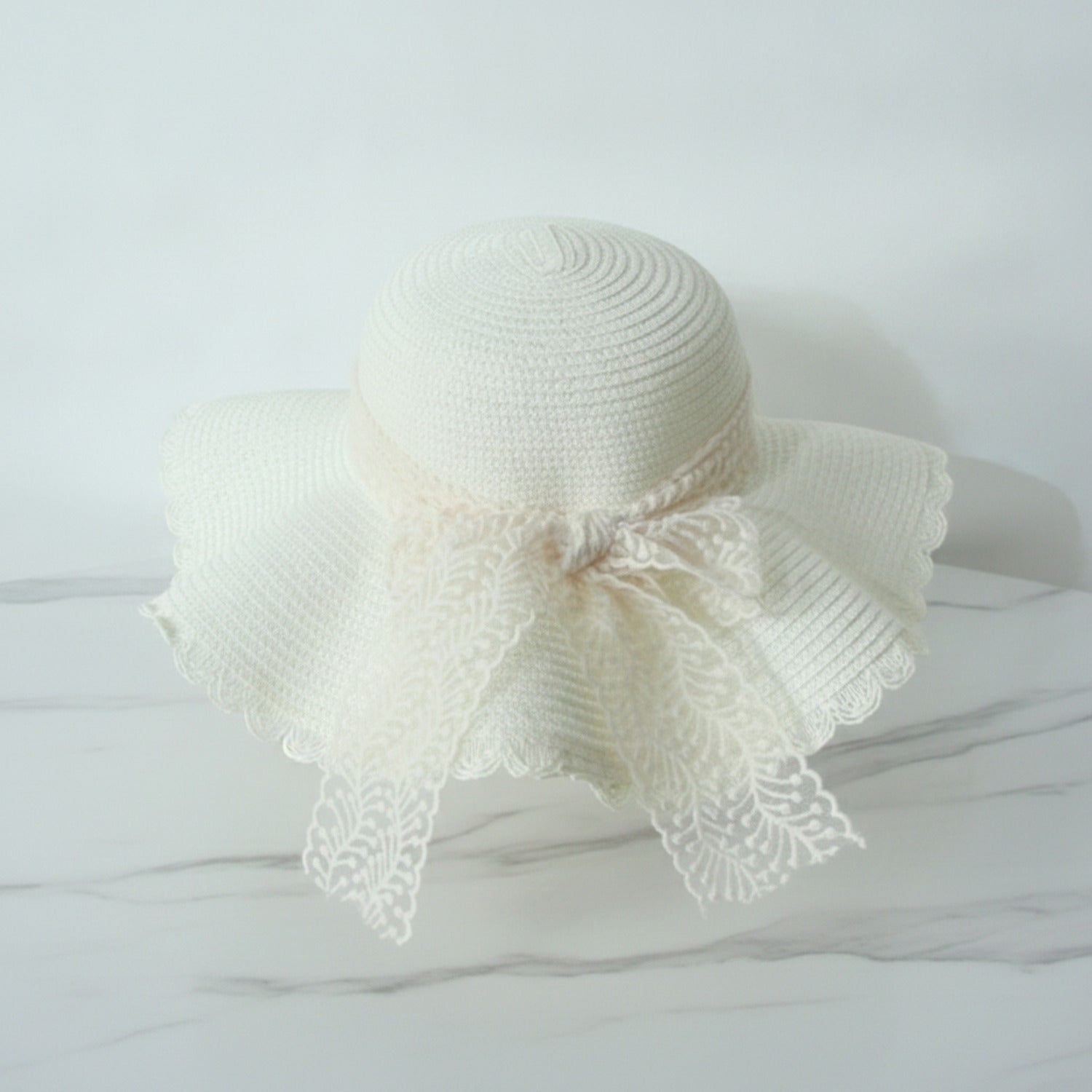 Cream Crochet Bucket Hat With Lace Bow