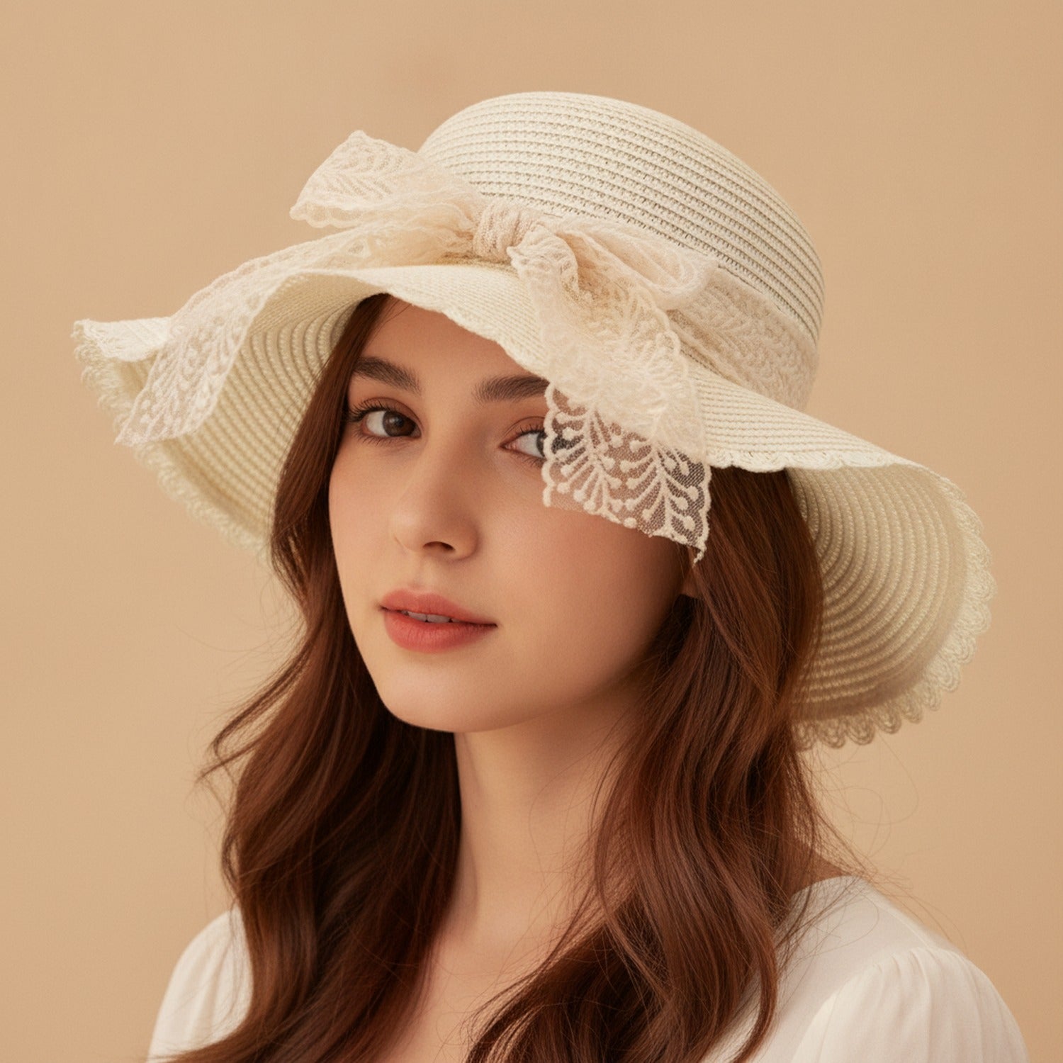 Cream Crochet Bucket Hat With Lace Bow