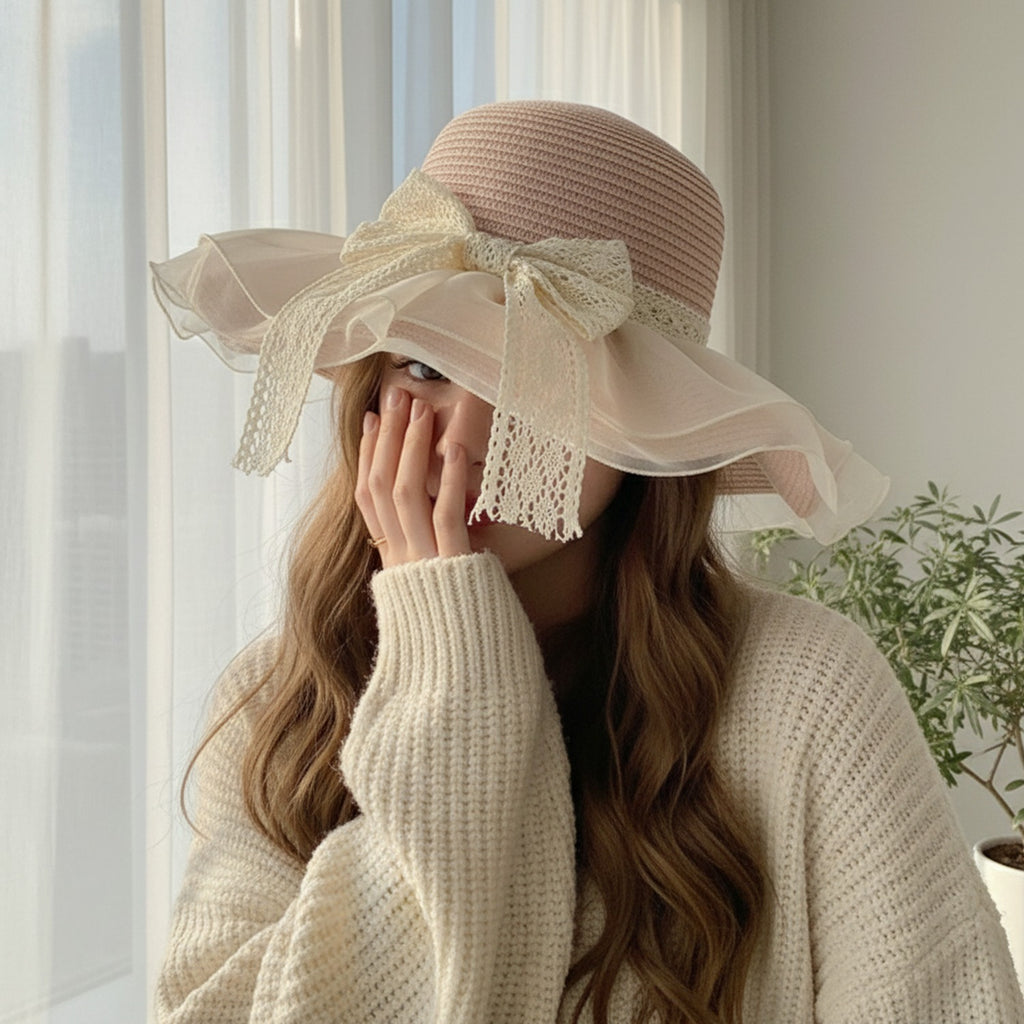 Cream Lace Bow Straw Sun Hat