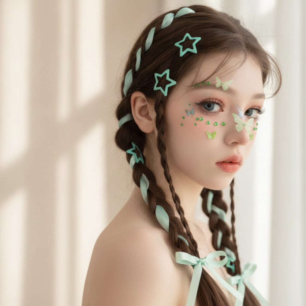 Butterfly & Star Hair Clip Set - Green – hair accessories (view 3)