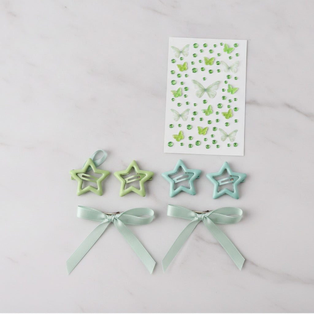 Butterfly & Star Hair Clip Set - Green