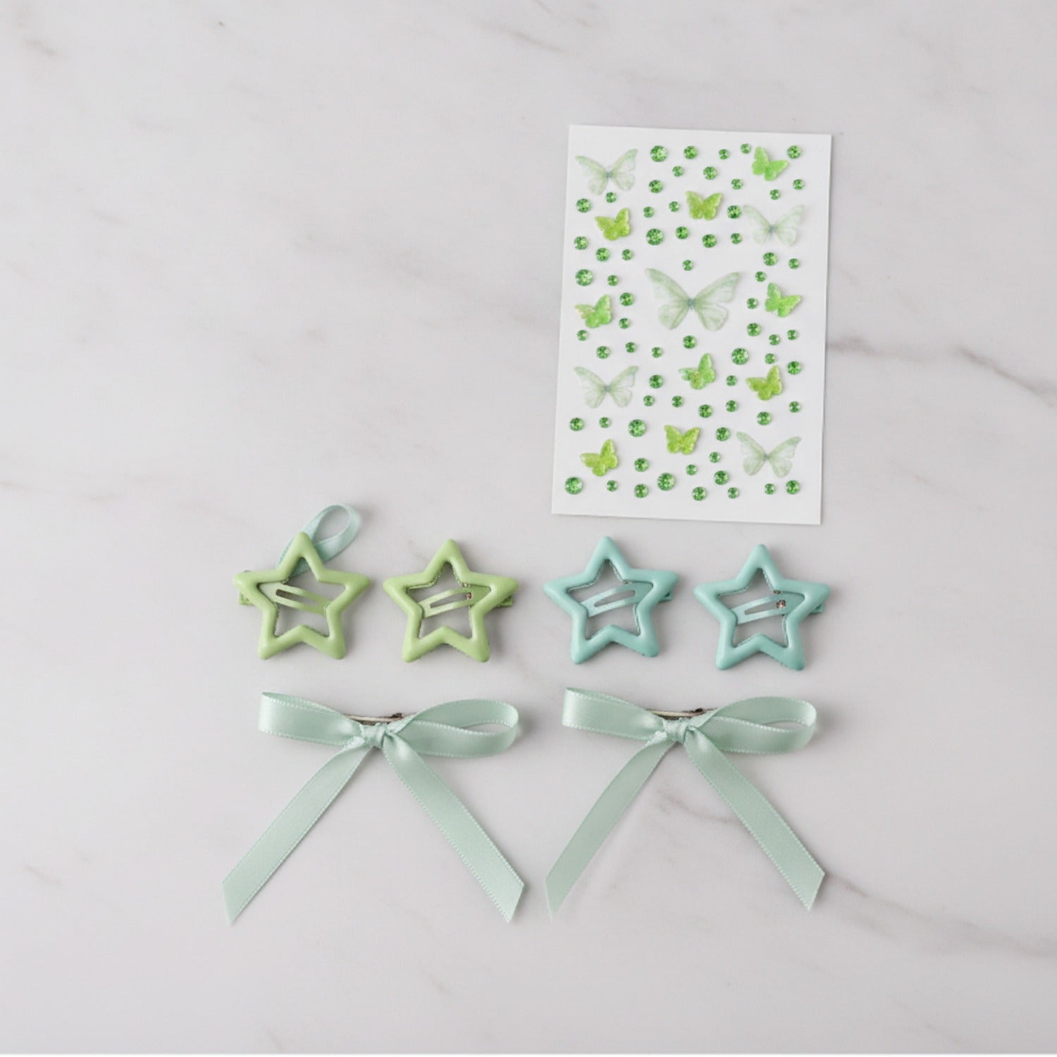 Butterfly & Star Hair Clip Set - Green