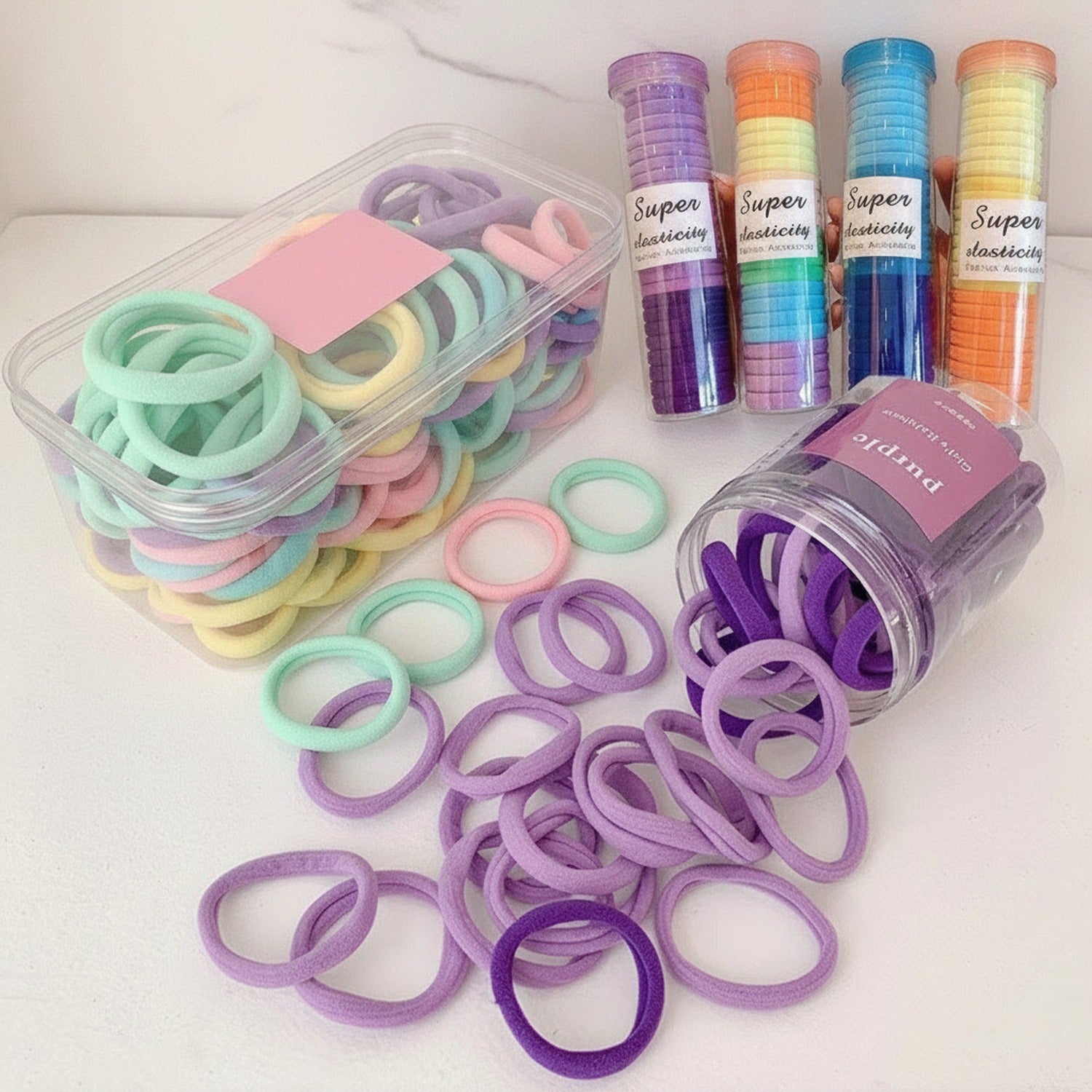 Colorful Fabric Hair Rings Set - Pastel