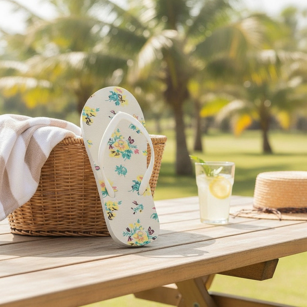White Floral Pattern Summer Beach Flip Flops