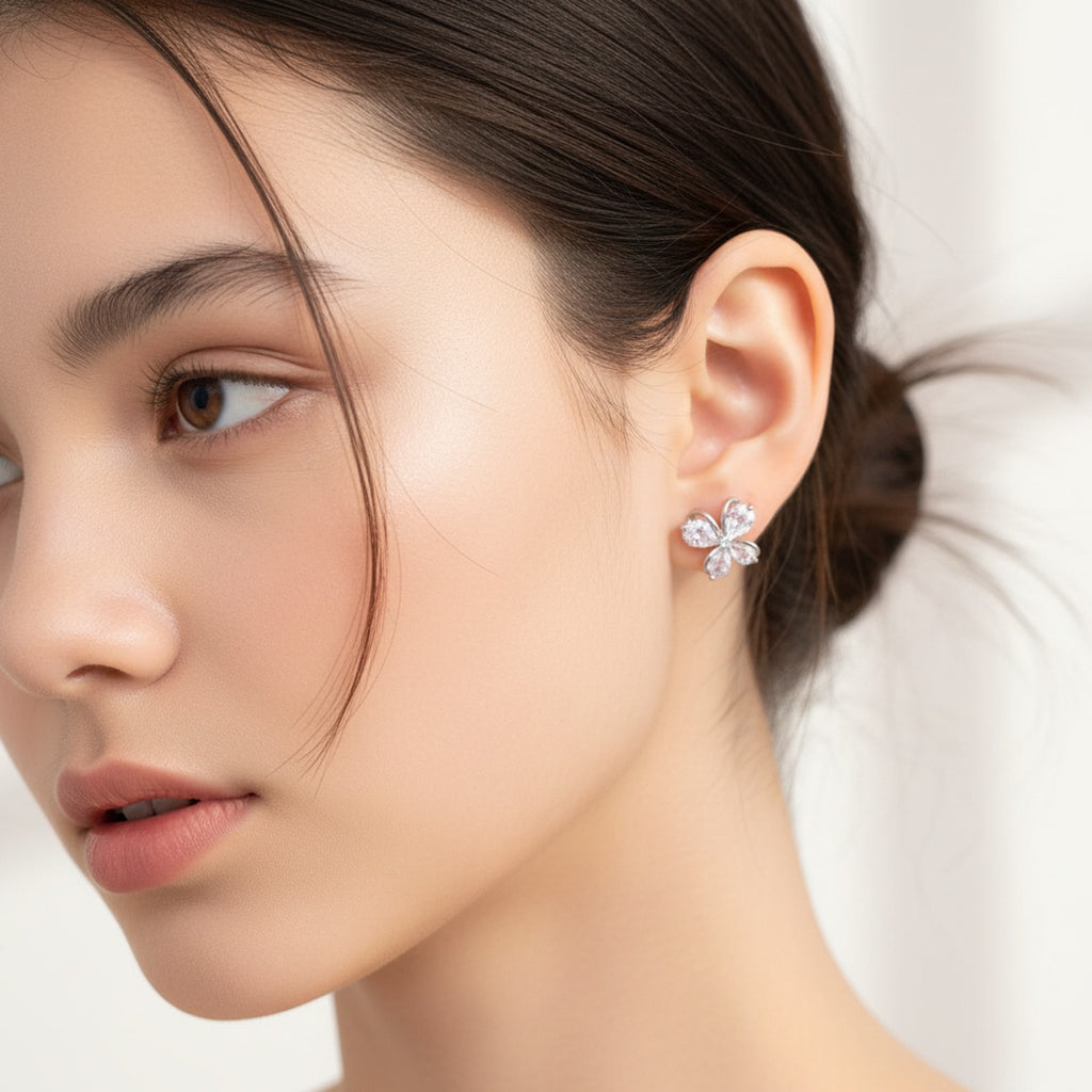 Silver Flower Cubic Zirconia Stud Earrings