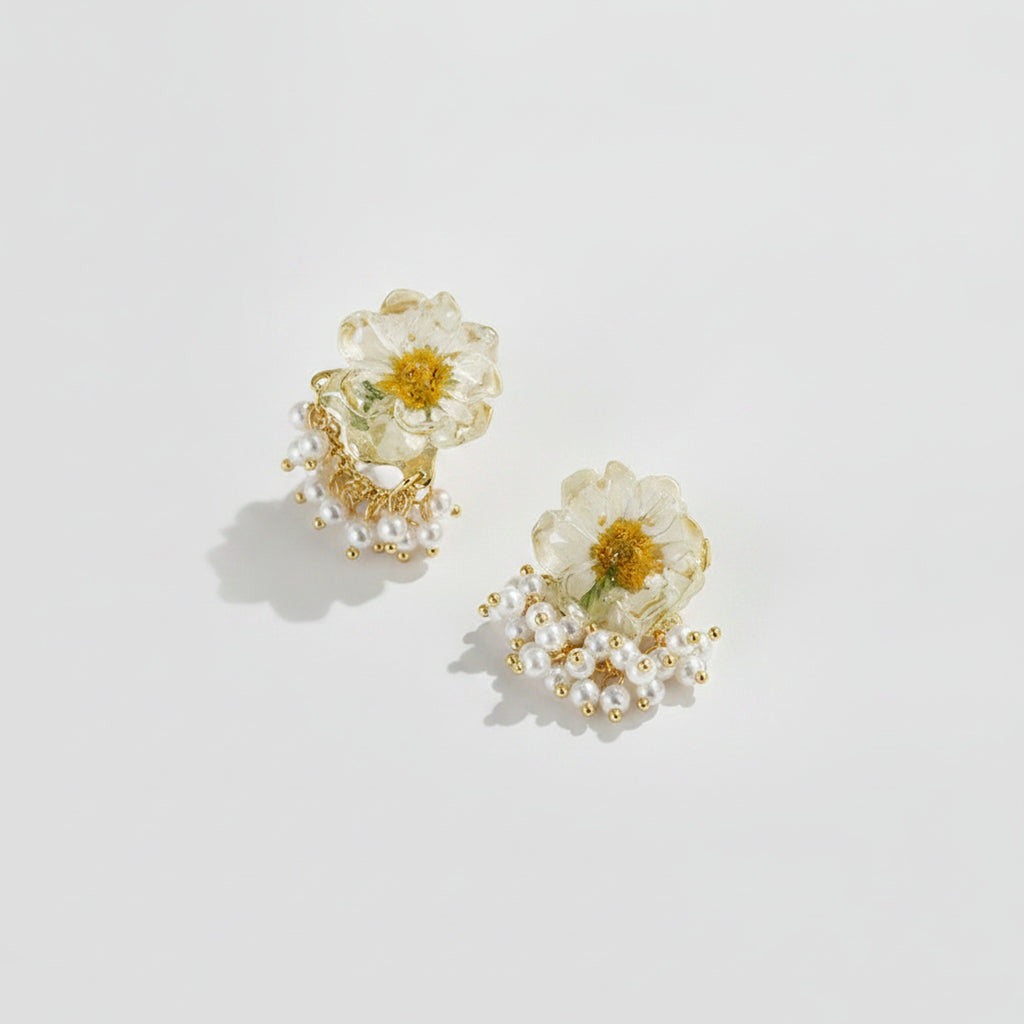 Daisy Natural Dried Flower S925 Silver Needle Earrings - White – jewelry (view 1)