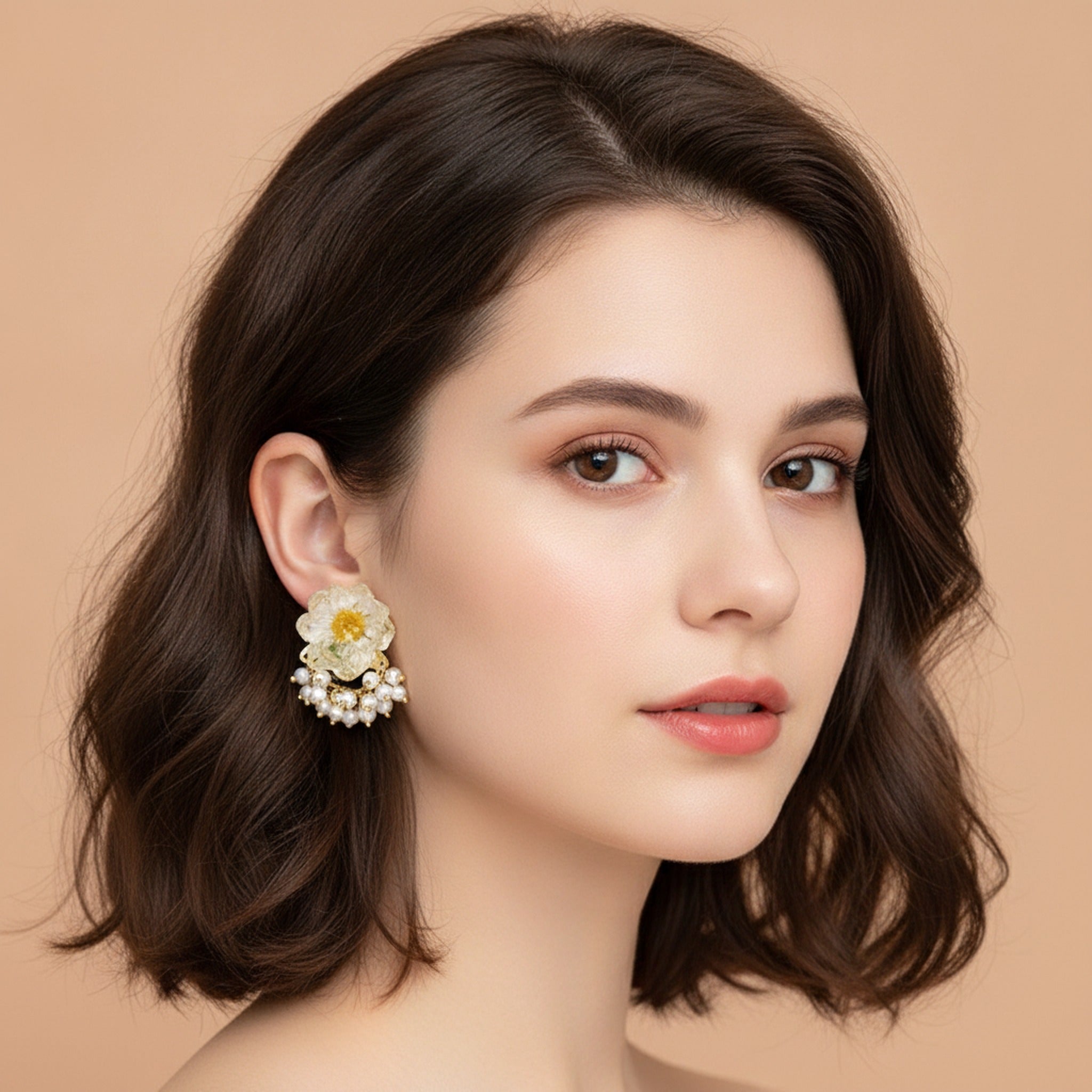 Daisy Natural Dried Flower S925 Silver Needle Earrings - White – jewelry (view 3)