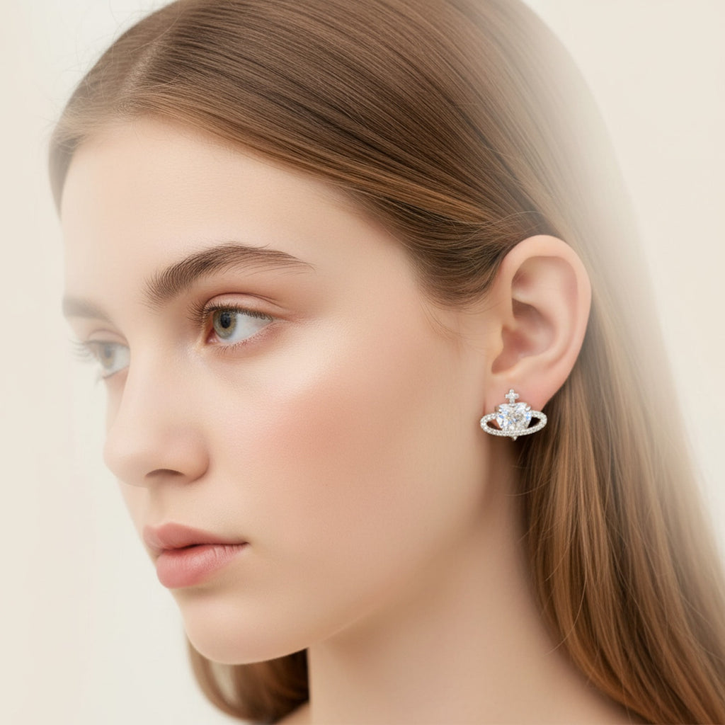 Silver Crystal Orb Stud Earrings With Rhinestone Halo