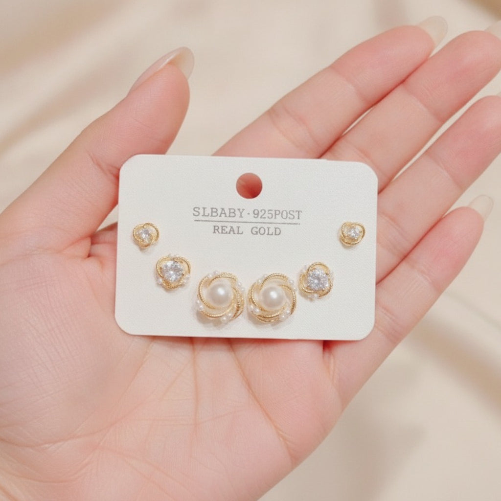 Elegant Gold Plated Pearl & Crystal Stud Earrings Set – jewelry (view 3)