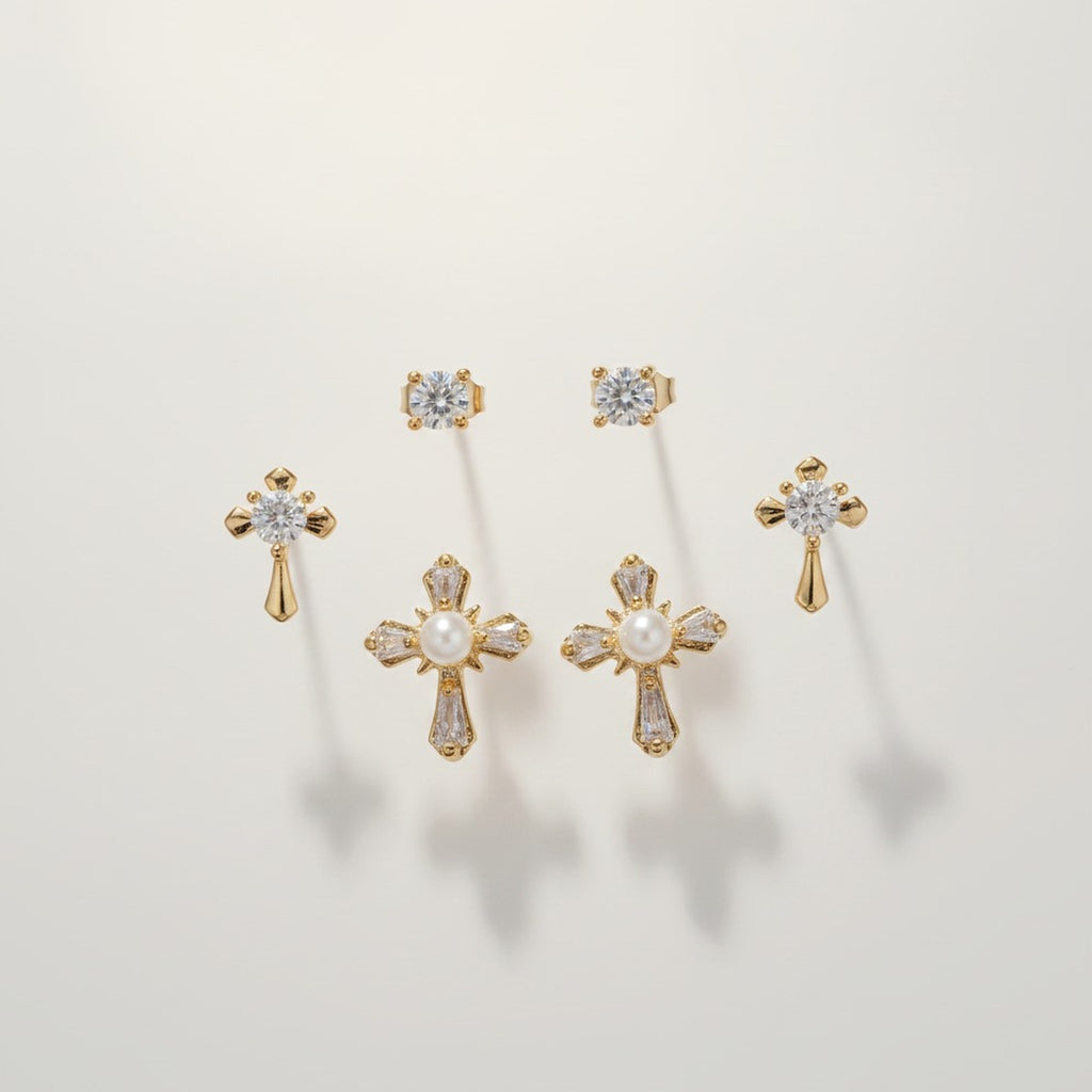 Cubic Zirconia Flower And Pearl Stud Earrings Set – jewelry (view 2)