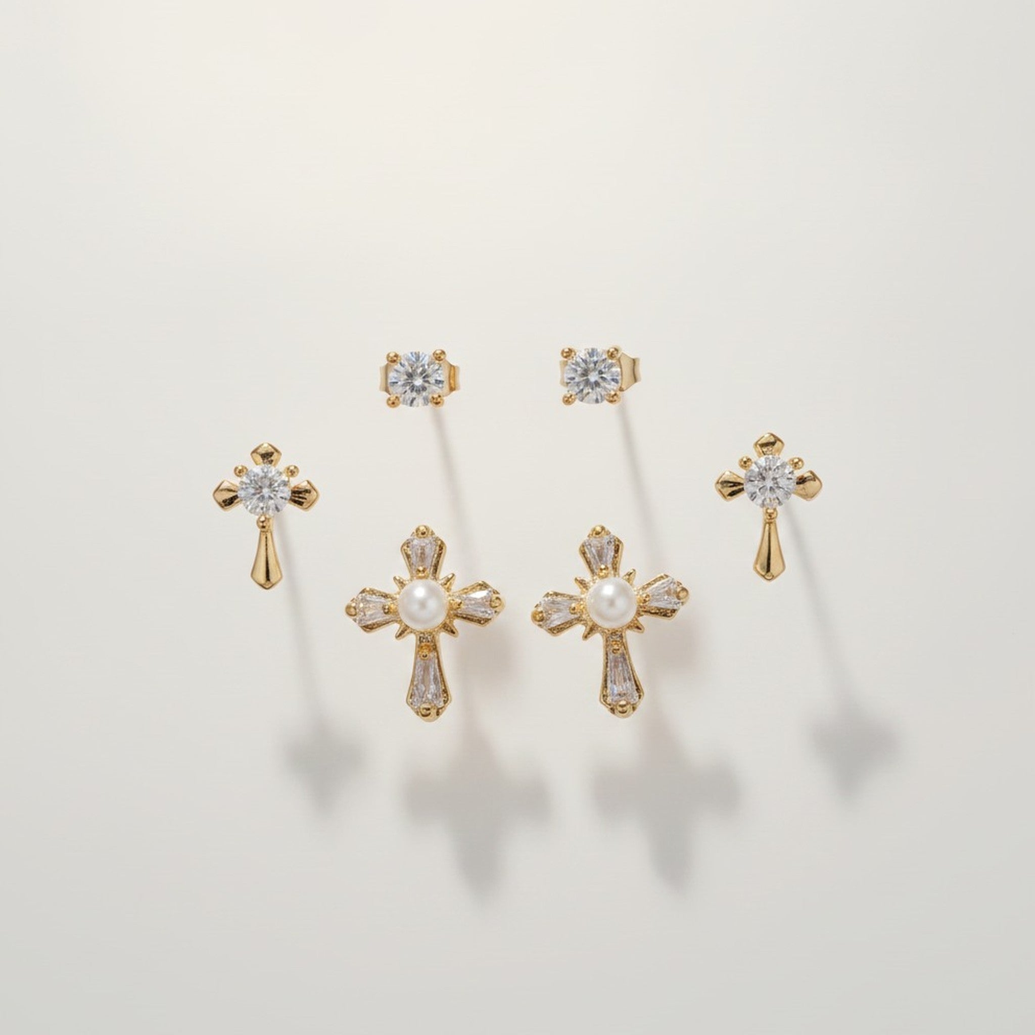 Cubic Zirconia Flower And Pearl Stud Earrings Set – jewelry (view 2)