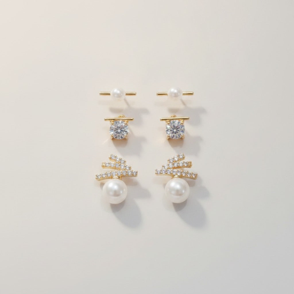 Cubic Zirconia Flower And Pearl Stud Earrings Set – jewelry (view 3)