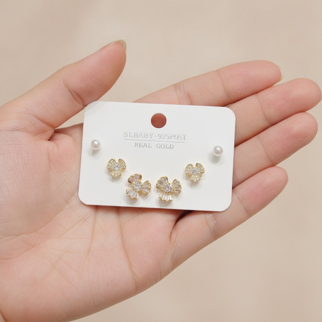 Cubic Zirconia Flower And Pearl Stud Earrings Set – jewelry (view 7)