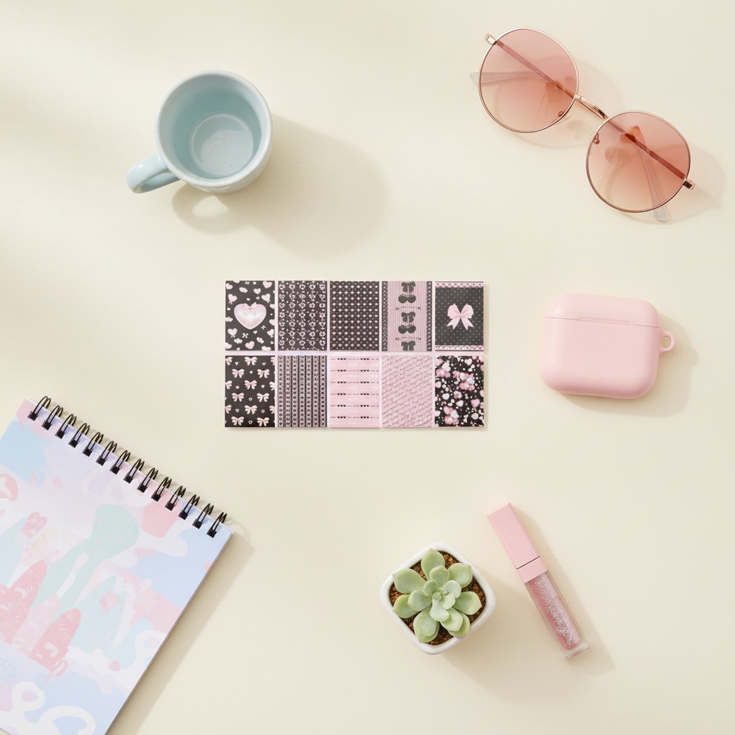 Pink Bow Heart Pattern Black Notepad