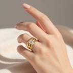 Gold Ribbed Statement Ring With Oval Crystal Stone