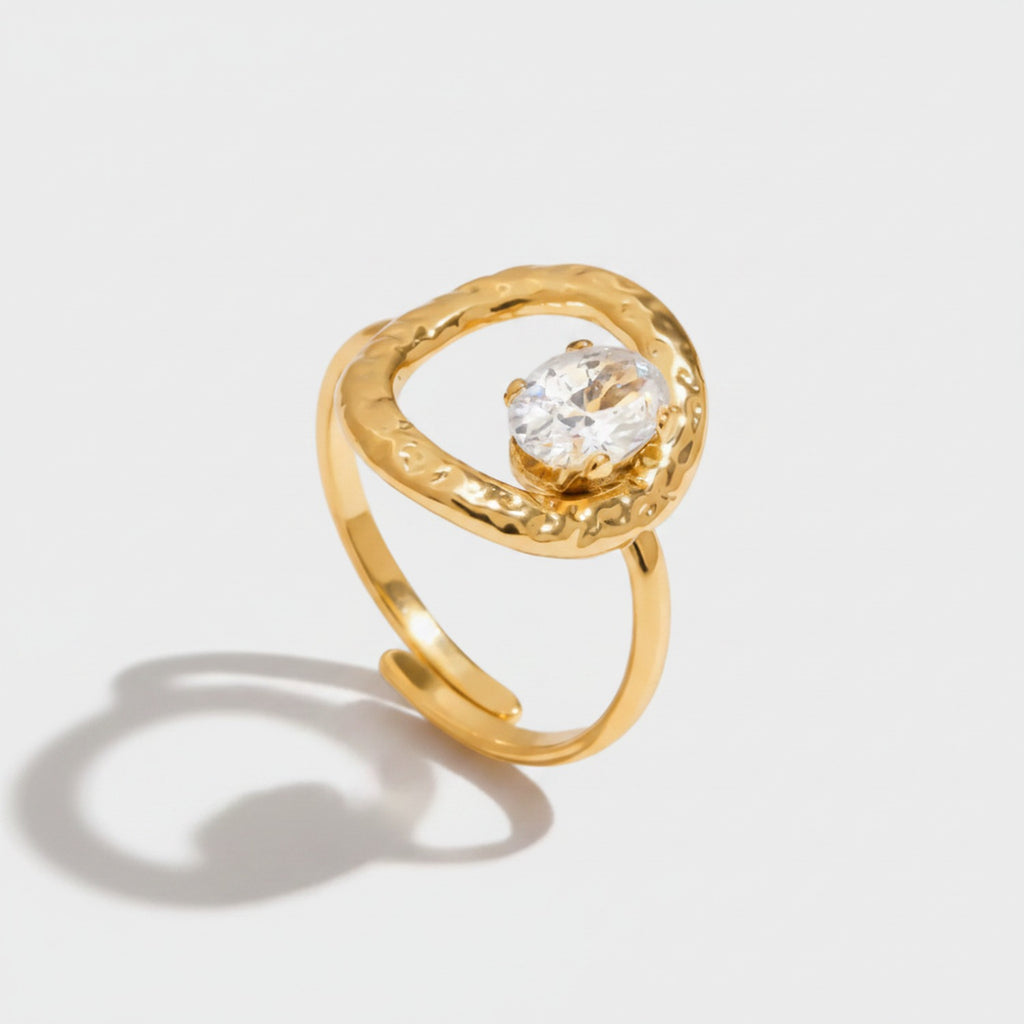 Gold Oval Textured Ring With Cubic Zirconia