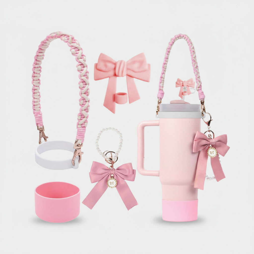 Pink Bow Pearl Cup Charm Accessory Set