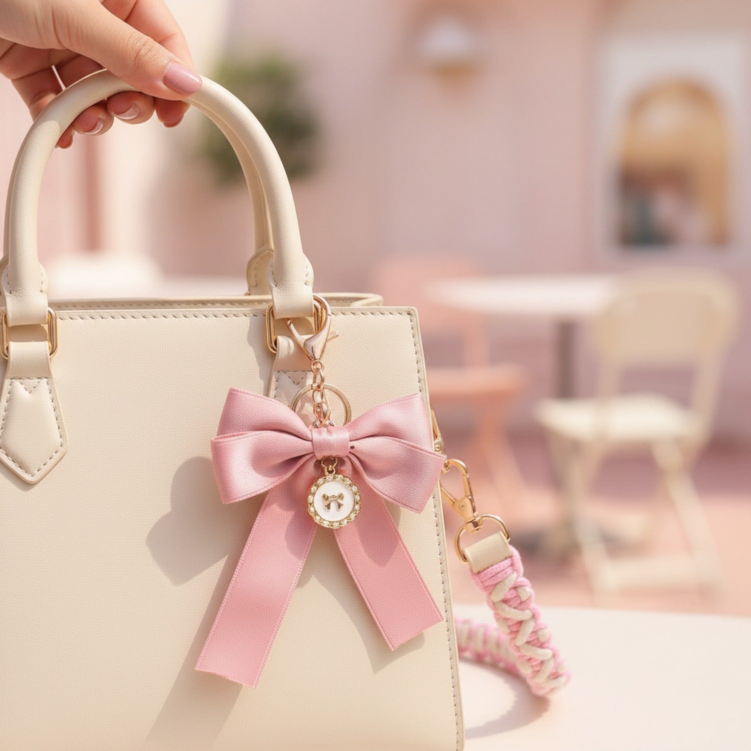 Pink Bow Pearl Cup Charm Accessory Set
