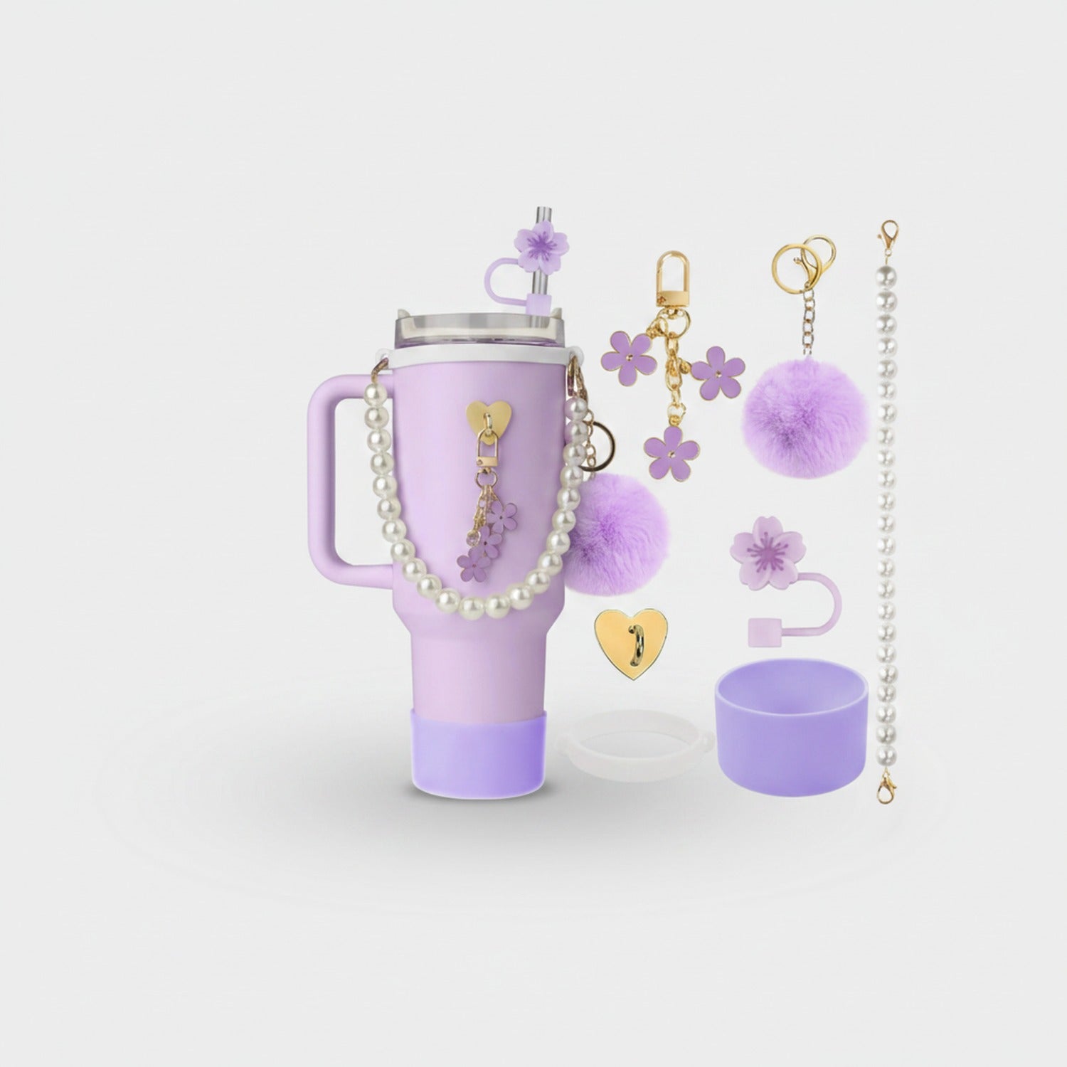 Purple Flower Pearl Tumbler Charm Bundle Set