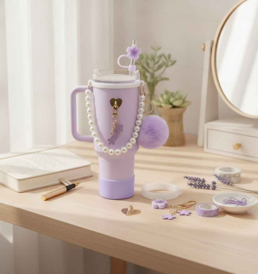 Purple Flower Pearl Tumbler Charm Bundle Set – novelty & toys (view 2)